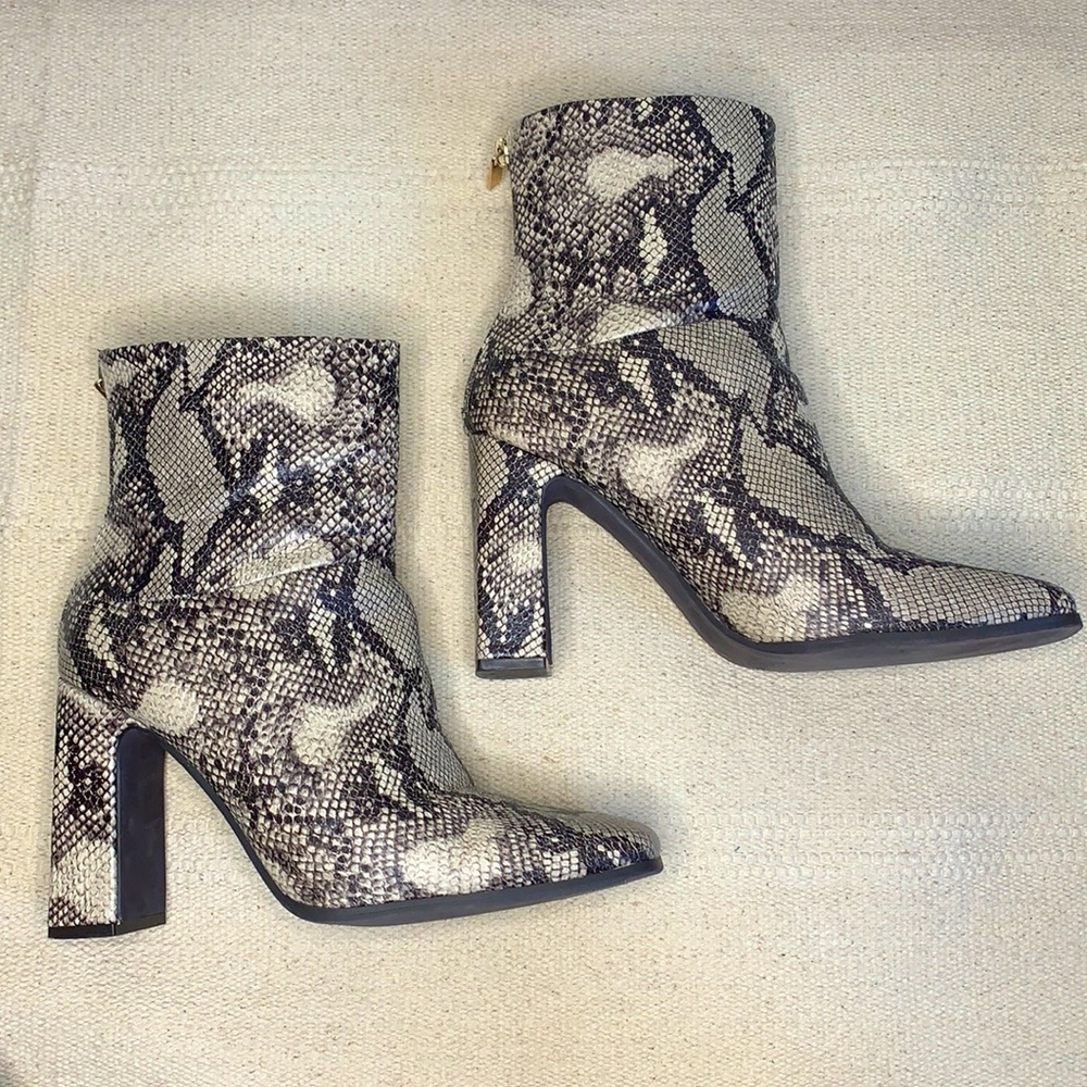 Snakeskin block heeled boot